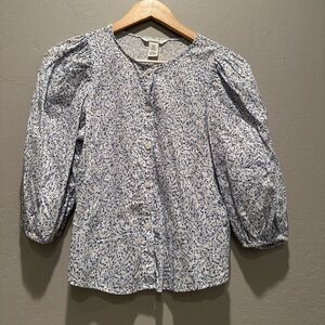 H&M Linen Blend Balloon Sleeve Button Up Blue White Floral Peasant Blouse Sz XS